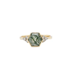 14k Yellow Gold Moss Agate and Diamond Ring