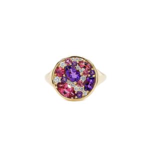 14k Yellow Gold Amethyst, Pink Tourmaline, and Diamond Cluster Ring