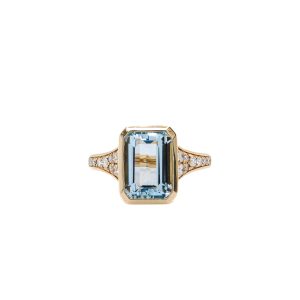 14k Yellow Gold Aquamarine and Diamond Bezel Ring