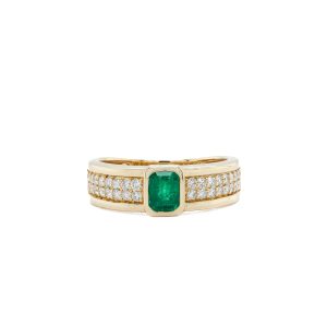14k Yellow Gold Emerald and Diamond Bezel Ring