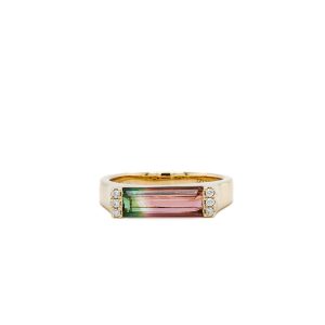 14k Yellow Gold Watermelon Tourmaline and Diamond Ring