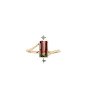 14k Yellow Gold Watermelon Tourmaline and Diamond Bypass Ring