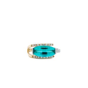 14k Two Tone Gold Lab Grown Paraiba Tourmaline and Diamond Ring