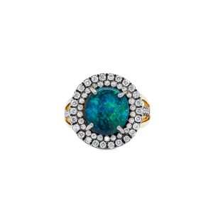 14k Two Tone Gold Black Opal and Diamond Ring