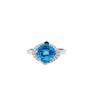 14k White Gold Blue Topaz and Diamond Ring