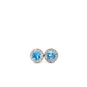 14k White Gold Blue Topaz and Diamond Birthstone Stud Earrings