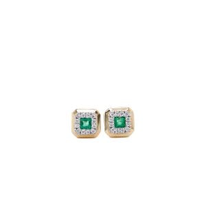 14k Yellow Gold Emerald and Diamond Stud Earrings