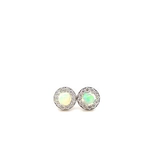 14k White Gold Opal and Diamond Birthstone Stud Earrings