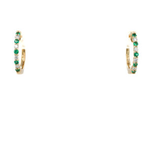 14k Yellow Gold Emerald and Diamond Huggie Earrings