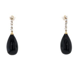 14k Yellow Gold Onyx and Diamond Drop Earrings