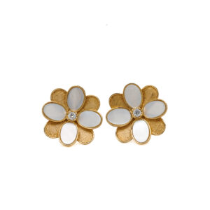 14k Yellow Gold Mother of Pearl and Diamond Flower Stud Earrings