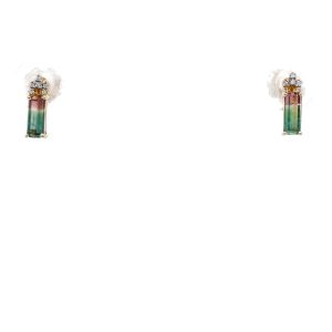 14k Yellow Gold Watermelon Tourmaline and Diamond Stud Earrings