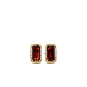 14k Yellow Gold Garnet and Diamond Milgrain Stud Earrings