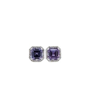 14k White Gold Lab Grown Alexandrite and Diamond Stud Earrings