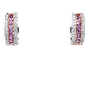 18k Two Tone Gold Pink Sapphire and Diamond Huggie Earrings