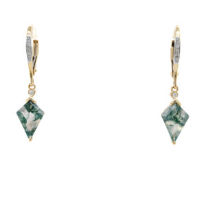 14k Yellow Gold Moss Agate and Diamond Dangle Earrings