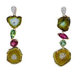 14k Yellow Gold Tourmaline Slice and Diamond Earrings