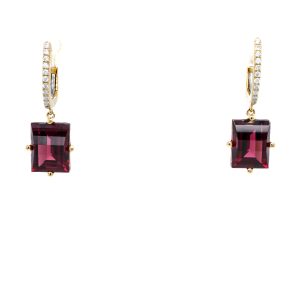 14k Yellow Gold Rhodolite Garnet and Diamond Dangle Huggie Earrings