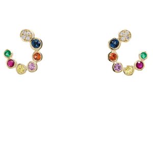 14k Yellow Gold Multi-Color Sapphire and Diamond Stud Earrings