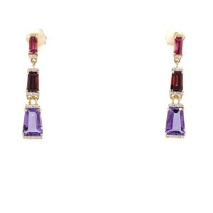 14k Yellow Gold Pink Tourmaline, Garnet, and Amethyst Dangle Earrings