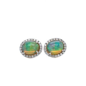 14k White Gold Opal and Diamond Stud Earrings