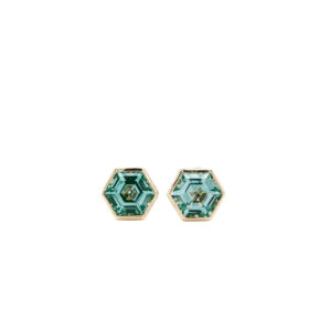 14k Yellow Gold Lab Grown Green Spinel Hexagon Bezel Stud Earrings
