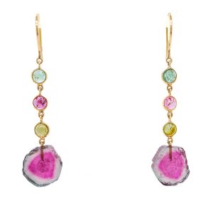 18k Yellow Gold Watermelon Tourmaline Dangle Earrings