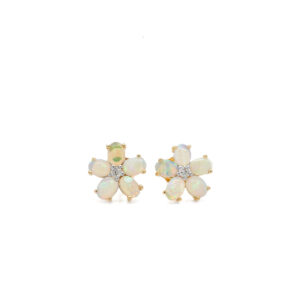 14k Yellow Gold Opal and Diamond Flower Stud Earrings