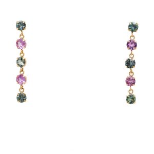 18k Yellow Gold Green and Pink Sapphire Dangle Earrings