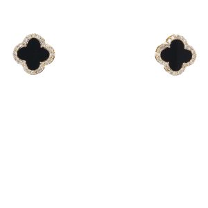 14k Yellow Gold Onyx and Diamond Clover Stud Earrings