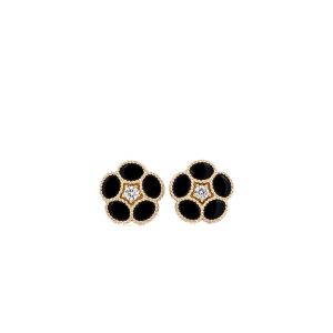 14k Yellow Gold Onyx and Diamond Flower Stud Earrings