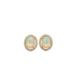 14k Yellow Gold Opal and Diamond Oval Halo Stud Earrings