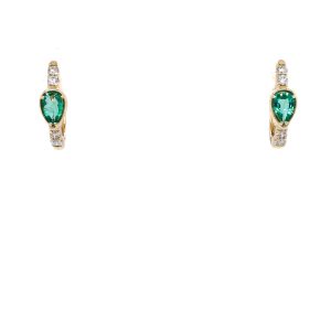 14k Yellow Gold Emerald and Diamond Huggie Earrings