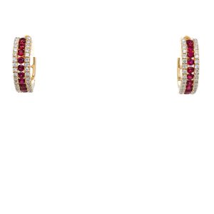 18k Yellow Gold Ruby and Diamond Huggie Earrings