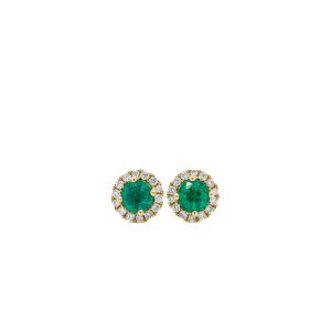 18k Yellow Gold Emerald and Diamond Halo Stud Earrings