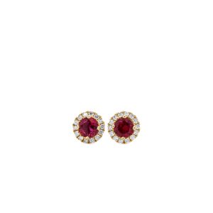 18k Yellow Gold Ruby and Diamond Halo Stud Earrings