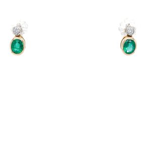 14k Two Tone Gold Emerald and Diamond Bezel Earrings
