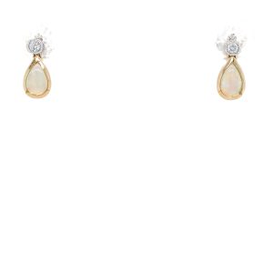 14k Two Tone Gold Opal and Diamond Bezel Earrings