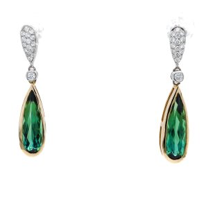 14k Two Tone Gold Green Tourmaline and Diamond Dangle Earrings