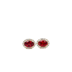 14k Yellow Gold Ruby and Diamond Halo Oval Stud Earrings