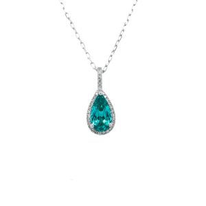 14k White Gold Lab Created Paraiba Tourmaline and Diamond Pendant