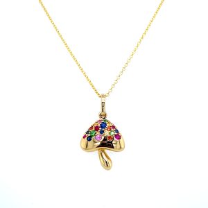 14k Yellow Gold Multi-Color Gemstone Mushroom Pendant
