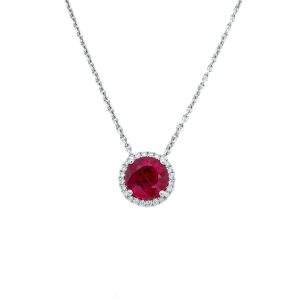 18k White Gold Ruby and Diamond Halo Pendant