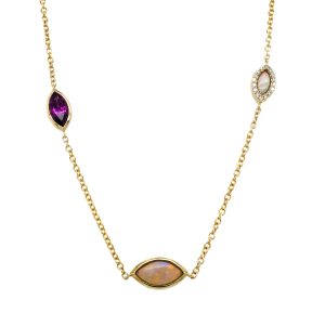 14k Yellow Gold Opal and Purple Garnet Station Necklace
