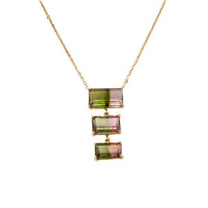 14k Yellow Gold Watermelon Tourmaline Three-Stone Necklace