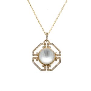 14k Yellow Gold Mother of Pearl and Quartz Pendant