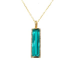 14k Yellow Gold Lab Grown Paraiba Tourmaline and Diamond Pendant