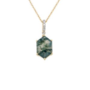 14k Yellow Gold Moss Agate and Diamond Pendant