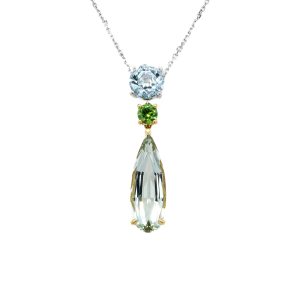 14k Two Tone Gold Aquamarine, Green Garnet, and Green Tourmaline Pendant