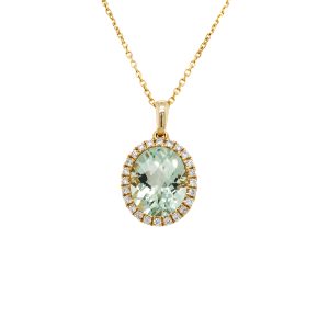 14k Yellow Gold Green Amethyst and Diamond Pendant